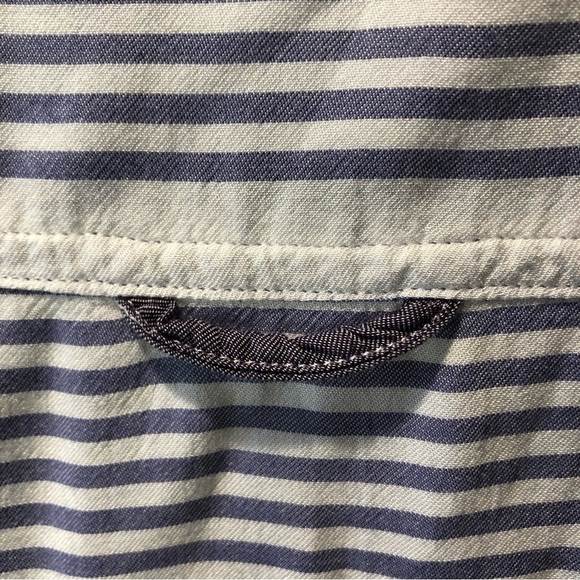 Rails blue and white horizontal stripe button down rayon blouse Chinese collar L - Picture 8 of 10